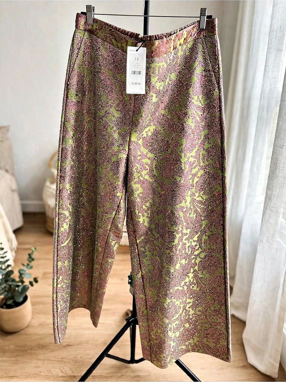 Akira Time And Time Again Rhinestone Trouser Wide Leg Brown & Green 1X